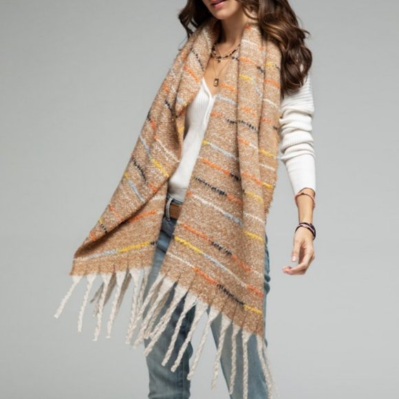 NEW Colorful Stitch with Metallic Glitz Soft Fringe Tassel Oblong Scarf Beige - Picture 5 of 8